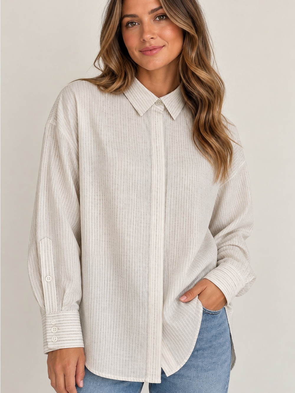 Lafayette 148 New York Cream Striped Button Down Shirt Office Quiet Luxury Sz S